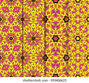 Vertical seamless patterns set, abstract floral geometric texture. Ornament for interior design, greeting cards, birthday or wedding invitations, paper print. Ethnic background in east style.