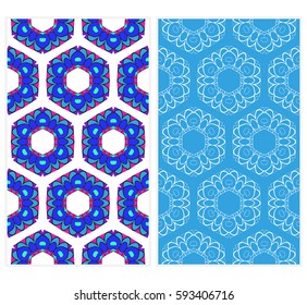 Vertical seamless patterns set, abstract floral geometric texture. Ornament for interior design, greeting cards, birthday or wedding invitations, paper print. Ethnic background in east style.