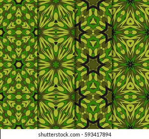 Vertical seamless patterns set, abstract floral geometric texture in camouflage style color. Ornament for interior design, greeting cards, fabric textile, paper print.