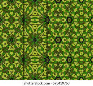 Vertical seamless patterns set, abstract floral geometric texture in camouflage style color. Ornament for interior design, greeting cards, fabric textile, paper print.