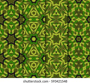 Vertical seamless patterns set, abstract floral geometric texture in camouflage style color. Ornament for interior design, greeting cards, fabric textile, paper print.