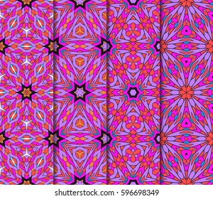 Vertical seamless patterns set, abstract floral geometric texture. Ornament for interior design, greeting cards, birthday or wedding invitations, paper print. Ethnic background in east style.