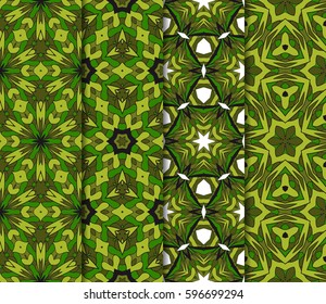 Vertical seamless patterns set, abstract floral geometric texture in camouflage style color. Ornament for interior design, greeting cards, fabric textile, paper print.