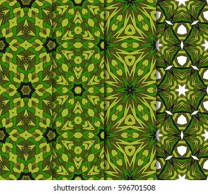 Vertical seamless patterns set, abstract floral geometric texture in camouflage style color. Ornament for interior design, greeting cards, fabric textile, paper print.