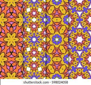 Vertical seamless patterns set, abstract floral geometric texture. Ornament for interior design, greeting cards, birthday or wedding invitations, paper print. Ethnic background in east style.