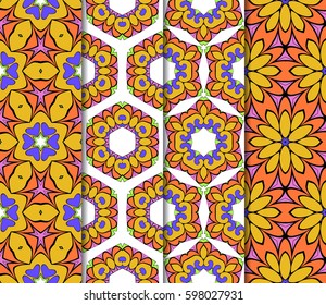 Vertical seamless patterns set, abstract floral geometric texture. Ornament for interior design, greeting cards, birthday or wedding invitations, paper print. Ethnic background in east style.