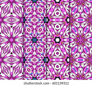 Vertical seamless patterns set, abstract floral geometric texture. Ornament for interior design, greeting cards, birthday or wedding invitations, paper print. Ethnic background in east style.