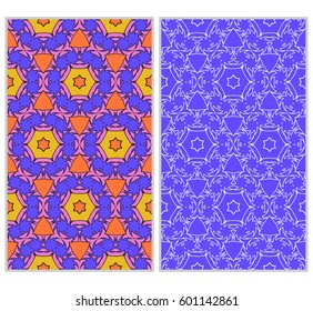 Vertical seamless patterns set, abstract floral geometric texture. Ornament for interior design, greeting cards, birthday or wedding invitations, paper print. Ethnic background in east style.