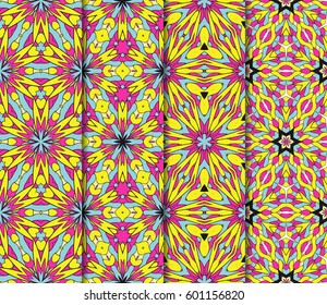 Vertical seamless patterns set, abstract floral geometric texture. Ornament for interior design, greeting cards, birthday or wedding invitations, paper print. Ethnic background in east style.