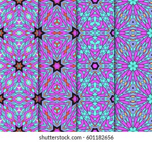Vertical seamless patterns set, abstract floral geometric texture. Ornament for interior design, greeting cards, birthday or wedding invitations, paper print. Ethnic background in east style.