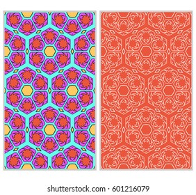 Vertical seamless patterns set, abstract floral geometric texture. Ornament for interior design, greeting cards, birthday or wedding invitations, paper print. Ethnic background in east style.