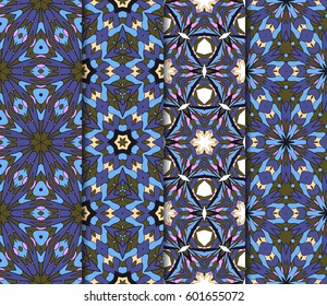 Vertical seamless patterns set, abstract floral geometric texture. Ornament for interior design, greeting cards, birthday or wedding invitations, paper print. Ethnic background in east style.