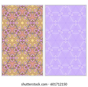 Vertical seamless patterns set, abstract floral geometric texture. Ornament for interior design, greeting cards, birthday or wedding invitations, paper print. Ethnic background in east style.