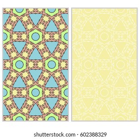 Vertical seamless patterns set, abstract floral geometric texture. Ornament for interior design, greeting cards, birthday or wedding invitations, paper print. Ethnic background in east style.