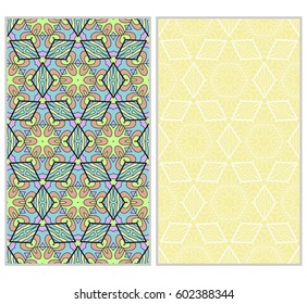 Vertical seamless patterns set, abstract floral geometric texture. Ornament for interior design, greeting cards, birthday or wedding invitations, paper print. Ethnic background in east style.