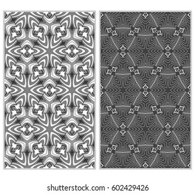 Vertical seamless patterns set, abstract floral geometric texture. Ornament for interior design, greeting cards, birthday or wedding invitations, paper print. Ethnic background in east style.