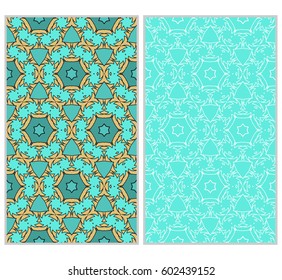 Vertical seamless patterns set, abstract floral geometric texture. Ornament for interior design, greeting cards, birthday or wedding invitations, paper print. Ethnic background in east style.