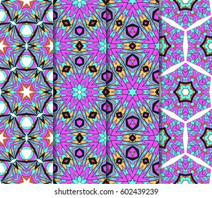 Vertical seamless patterns set, abstract floral geometric texture. Ornament for interior design, greeting cards, birthday or wedding invitations, paper print. Ethnic background in east style.