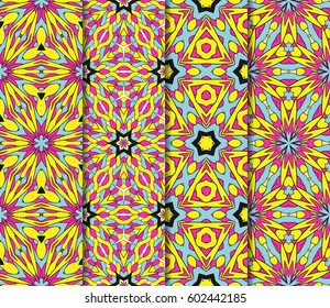 Vertical seamless patterns set, abstract floral geometric texture. Ornament for interior design, greeting cards, birthday or wedding invitations, paper print. Ethnic background in east style.