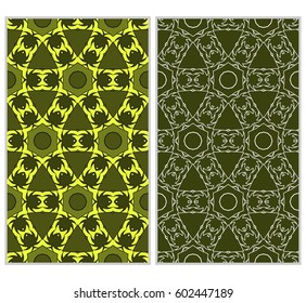 Vertical seamless patterns set, abstract floral geometric texture. Ornament for interior design, greeting cards, birthday or wedding invitations, paper print. Ethnic background in east style.