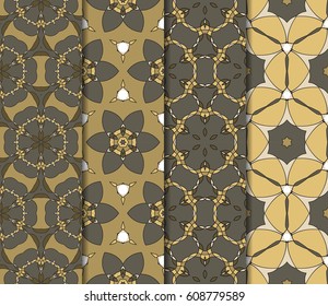Vertical seamless patterns set, abstract floral geometric texture. Ornament for interior design, greeting cards, birthday or wedding invitations, paper print. Ethnic background in east style.