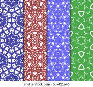 Vertical seamless patterns set, abstract floral geometric texture. Ornament for interior design, greeting cards, birthday or wedding invitations, paper print. Ethnic background in east style.