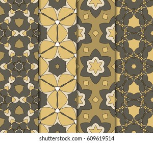 Vertical seamless patterns set, abstract floral geometric texture. Ornament for interior design, greeting cards, birthday or wedding invitations, paper print. Ethnic background in east style.