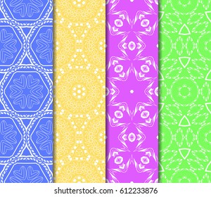Vertical seamless patterns set, abstract floral geometric texture. Ornament for interior design, greeting cards, birthday or wedding invitations, paper print. Ethnic background in east style.