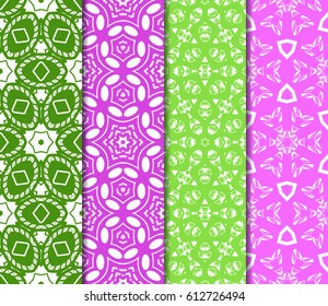 Vertical seamless patterns set, abstract floral geometric texture. Ornament for interior design, greeting cards, birthday or wedding invitations, paper print. Ethnic background in east style.