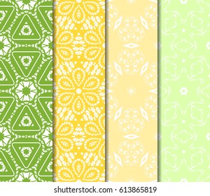 Vertical seamless patterns set, abstract floral geometric texture. Ornament for interior design, greeting cards, birthday or wedding invitations, paper print. Ethnic background in east style.