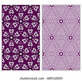 Vertical seamless patterns set, abstract floral geometric texture. ornament for interior design, greeting cards, birthday or wedding invitations, paper print. purple color