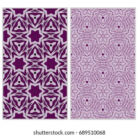 Vertical seamless patterns set, abstract floral geometric texture. ornament for interior design, greeting cards, birthday or wedding invitations, paper print. purple color