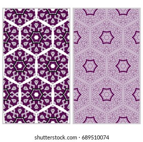 Vertical seamless patterns set, abstract floral geometric texture. ornament for interior design, greeting cards, birthday or wedding invitations, paper print. purple color