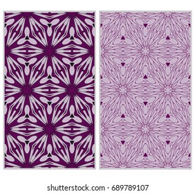 Vertical seamless patterns set, abstract floral geometric texture. ornament for interior design, greeting cards, birthday or wedding invitations, paper print. purple color