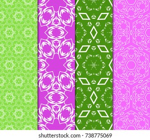 Vertical seamless patterns set, abstract floral geometric texture. Ornament for interior design, greeting cards, birthday or wedding invitations, paper print. Ethnic background in east style.