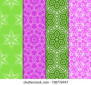 Vertical seamless patterns set, abstract floral geometric texture. Ornament for interior design, greeting cards, birthday or wedding invitations, paper print. Ethnic background in east style.