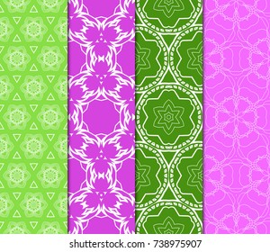 Vertical seamless patterns set, abstract floral geometric texture. Ornament for interior design, greeting cards, birthday or wedding invitations, paper print. Ethnic background in east style.