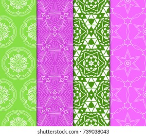 Vertical seamless patterns set, abstract floral geometric texture. Ornament for interior design, greeting cards, birthday or wedding invitations, paper print. Ethnic background in east style.