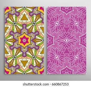 Vertical seamless patterns set, doodle geometric texture for Wedding, Valentine's day, greeting cards or Birthday Invitations. Decorative seamless backgrounds. Ethnic ornament, border pattern