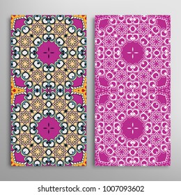 Vertical seamless patterns set, floral geometric lace texture for Wedding, Valentine's day, greeting cards or Birthday Invitations. Decorative seamless backgrounds. Ethnic ornament, border pattern