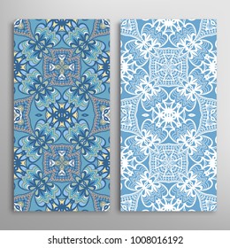 Vertical seamless patterns set, floral geometric lace texture for Wedding, Valentine's day, greeting cards or Birthday Invitations. Decorative seamless backgrounds. Ethnic ornament, border pattern