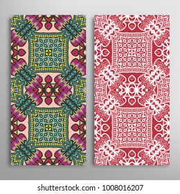 Vertical seamless patterns set, floral geometric lace texture for Wedding, Valentine's day, greeting cards or Birthday Invitations. Decorative seamless backgrounds. Ethnic ornament, border pattern