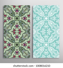 Vertical seamless patterns set, floral geometric lace texture for Wedding, Valentine's day, greeting cards or Birthday Invitations. Decorative seamless backgrounds. Ethnic ornament, border pattern