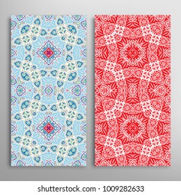 Vertical seamless patterns set, floral geometric lace texture for Wedding, Valentine's day, greeting cards or Birthday Invitations. Decorative seamless backgrounds. Ethnic ornament, border pattern