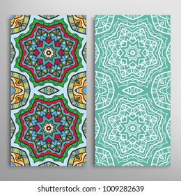 Vertical seamless patterns set, floral geometric lace texture for Wedding, Valentine's day, greeting cards or Birthday Invitations. Decorative seamless backgrounds. Ethnic ornament, border pattern
