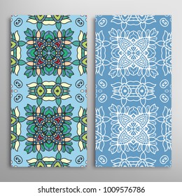 Vertical seamless patterns set, floral geometric lace texture for Wedding, Valentine's day, greeting cards or Birthday Invitations. Decorative seamless backgrounds. Ethnic ornament, border pattern