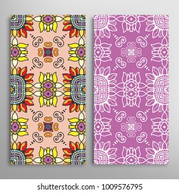 Vertical seamless patterns set, floral geometric lace texture for Wedding, Valentine's day, greeting cards or Birthday Invitations. Decorative seamless backgrounds. Ethnic ornament, border pattern