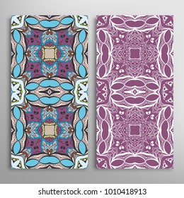 Vertical seamless patterns set, floral geometric lace texture for Wedding, Valentine's day, greeting cards or Birthday Invitations. Decorative seamless backgrounds. Ethnic ornament, border pattern