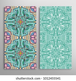 Vertical seamless patterns set, floral geometric lace texture for Wedding, Valentine's day, greeting cards or Birthday Invitations. Decorative seamless backgrounds. Ethnic ornament, border pattern