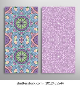 Vertical seamless patterns set, floral geometric lace texture for Wedding, Valentine's day, greeting cards or Birthday Invitations. Decorative seamless backgrounds. Ethnic ornament, border pattern